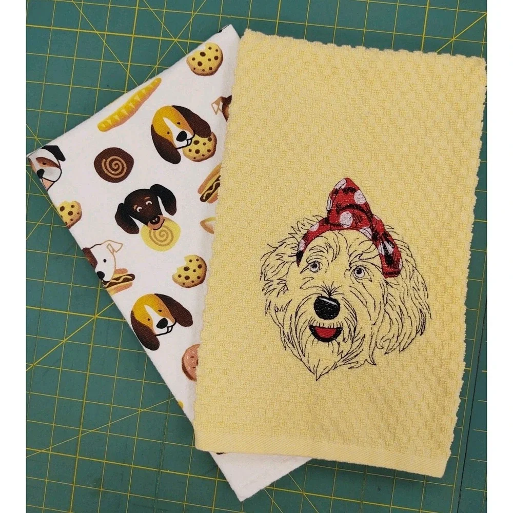 LABRADOODLE Dog With Headband Kitchen Bath Hand Bar Towel Set of 2